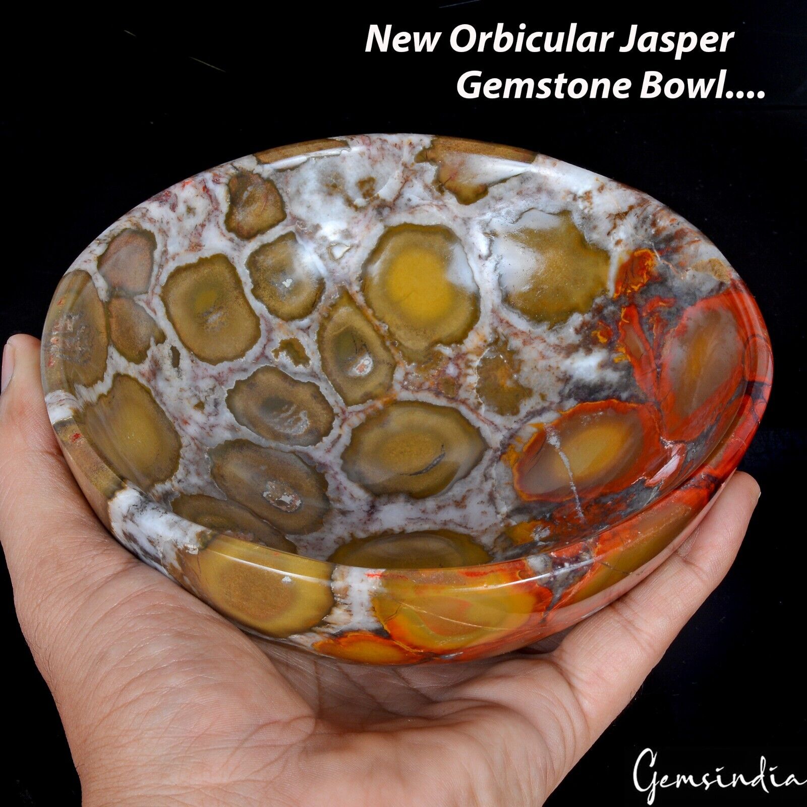 New Orbicular Jasper Crystal Healing Hand Carved Designer Decorative Bowl~6.3 In