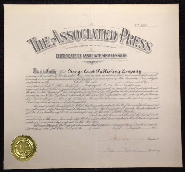 1955 Associated Press Autograph Signed ROBERT MCLEAN Costa Mesa GLOBE HERALD