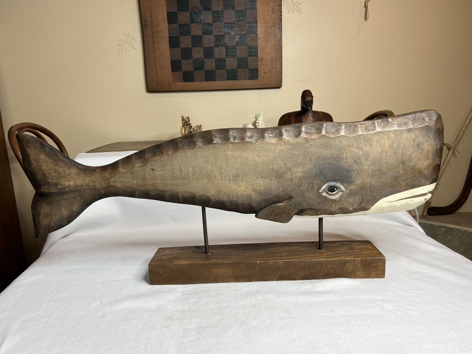 Vintage Beautiful Large 35” Wood Carved Sperm Whale Nautical Sculpture On Stand