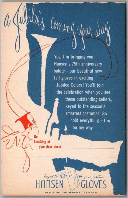 Vintage HANSEN GLOVES Advertising Postcard \'Hansen\'s 75th Anniversary Salute\
