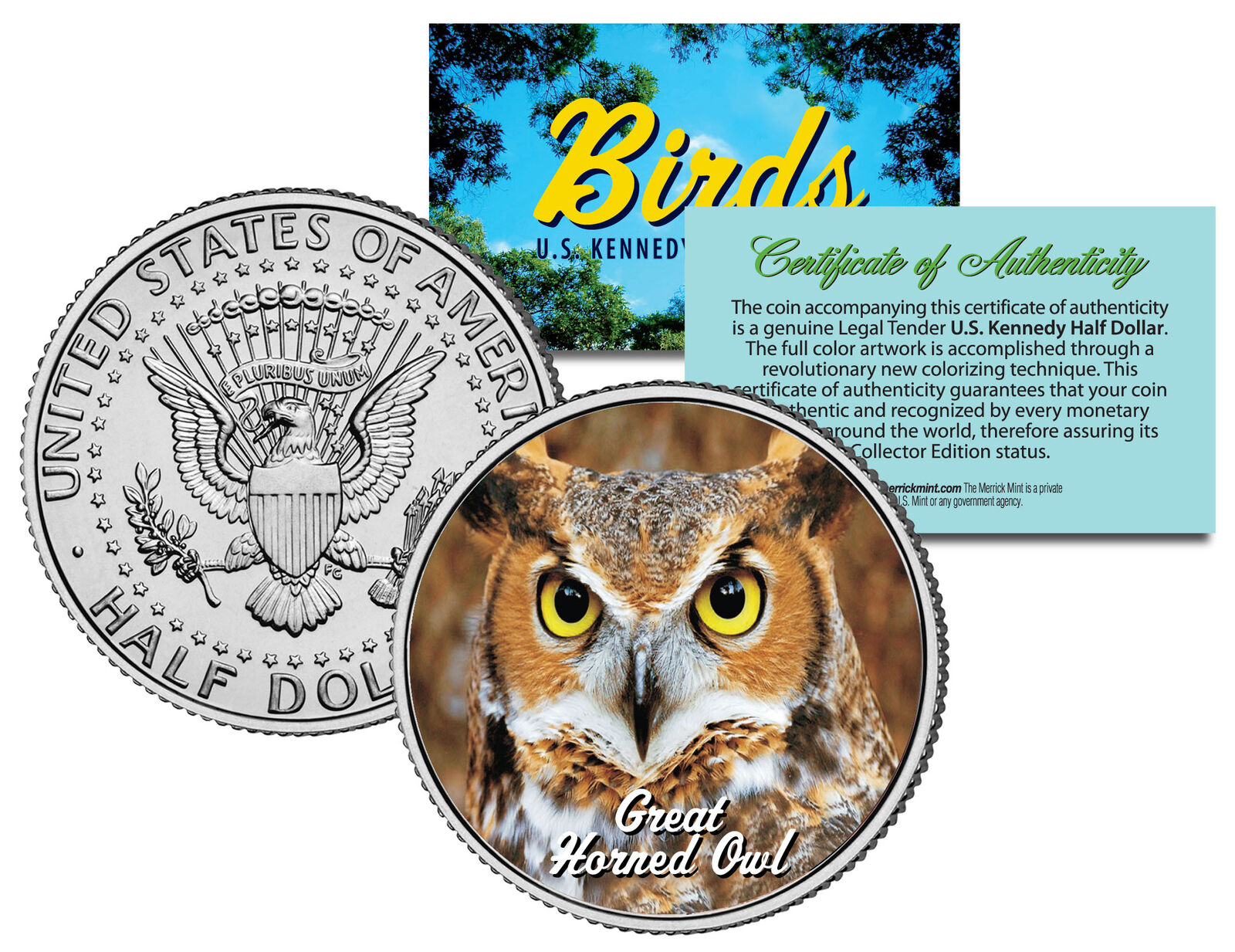 GREAT HORNED OWL BIRD JFK Kennedy Half Dollar US Colorized Coin