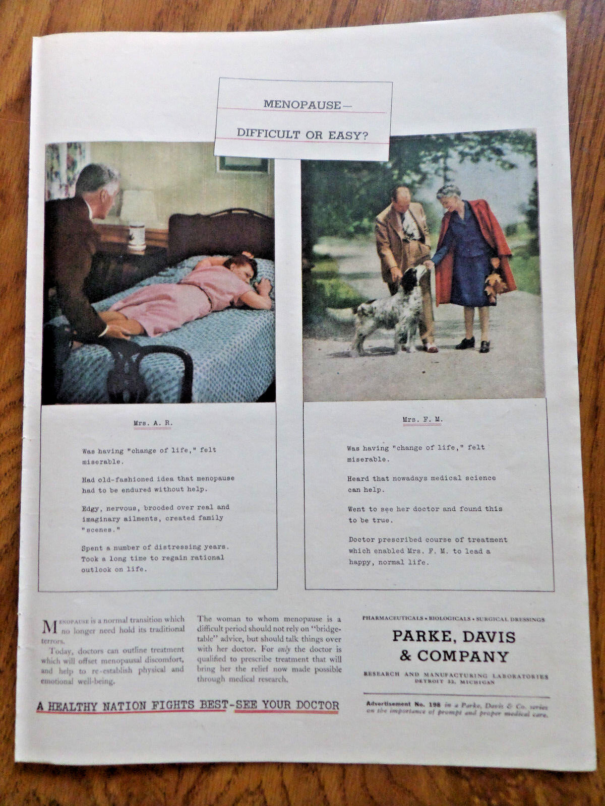 1945 Parke Davis Co Ad   Menopause Difficult or Easy?