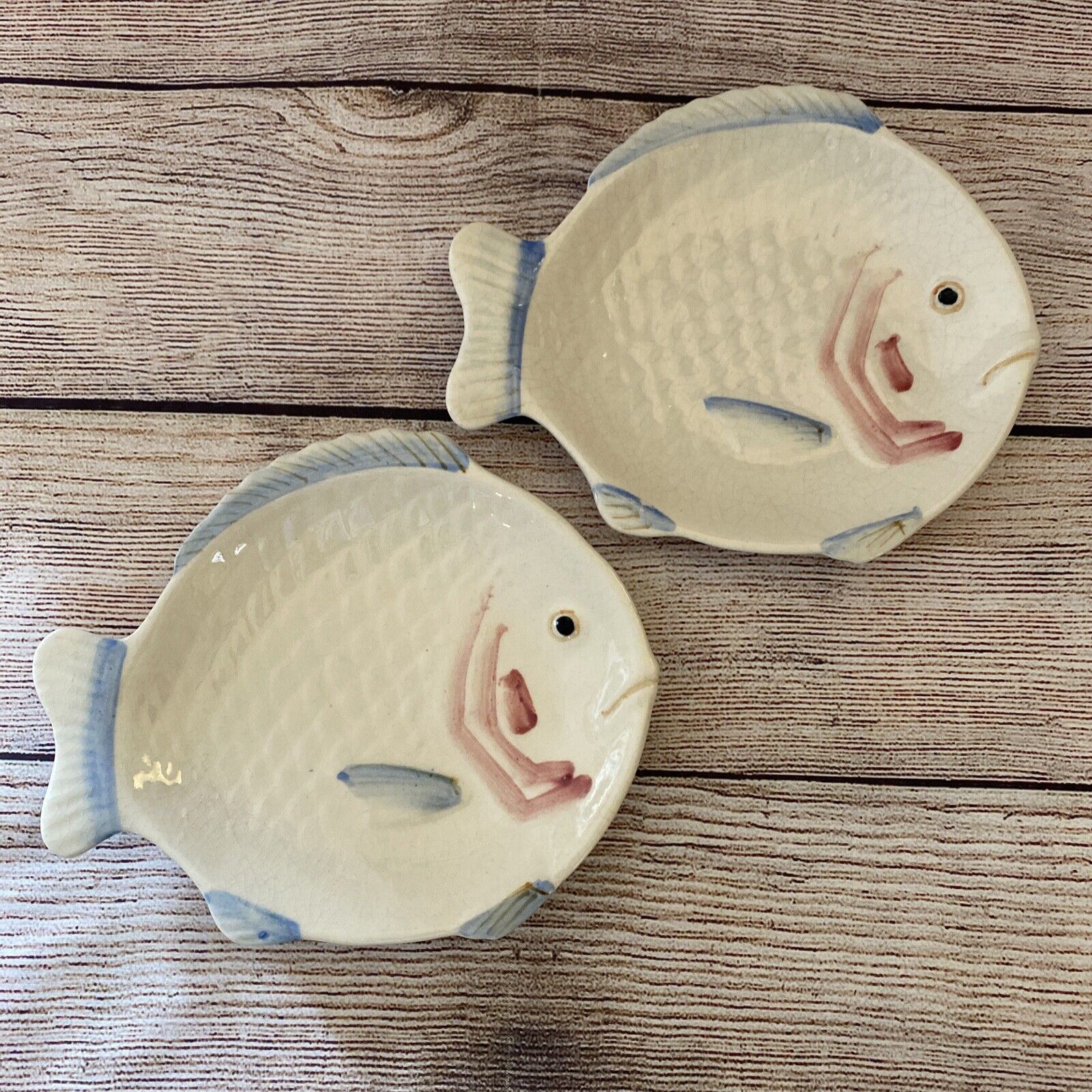 Pair VTG Ceramic Japan Sad Fish Plate 11 X 9” Blue Fins Sushi White Pink Scales