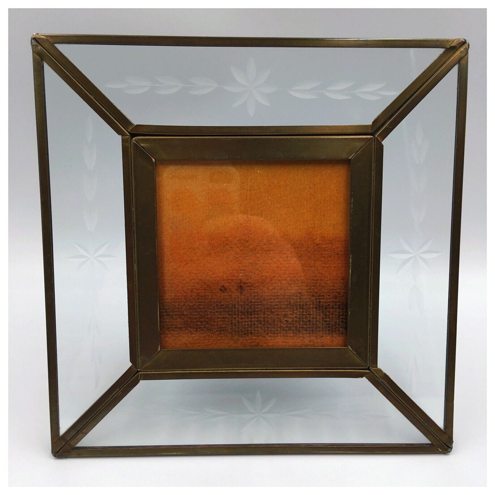 Cut Glass Frame 1970’s Brass Lucid Lines Floral Vine Acid Etched Glass Photo