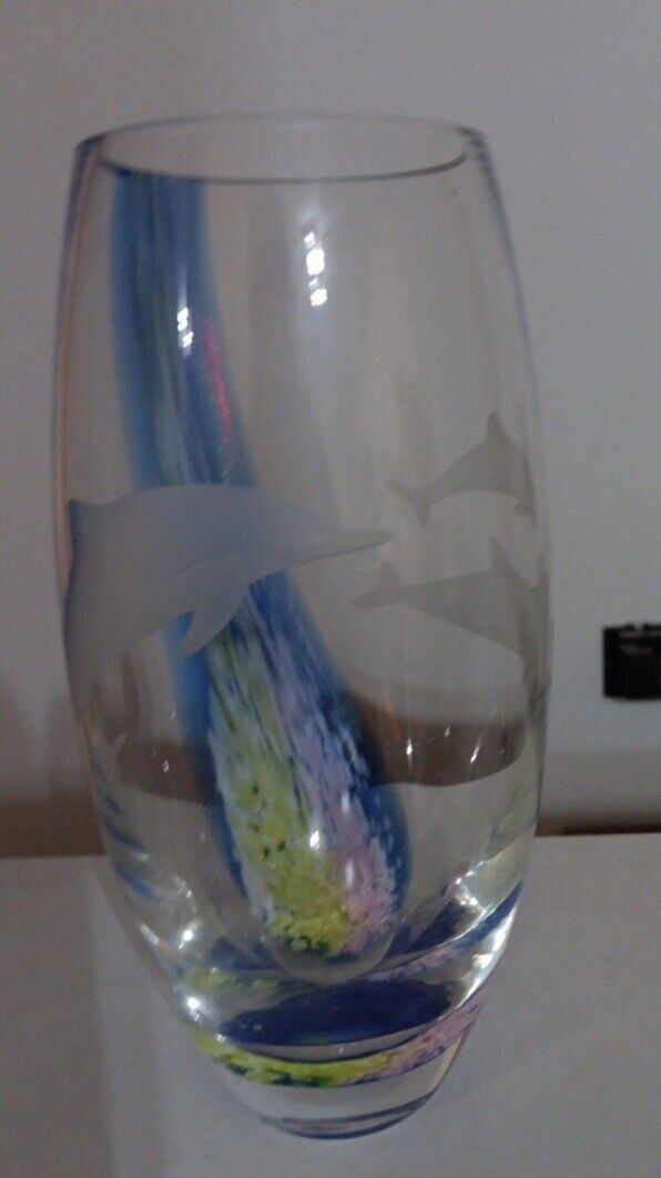 LENOX Cathiness Scotland Undersea Paradise Art Glass Vase 8”H Dolphins Mint