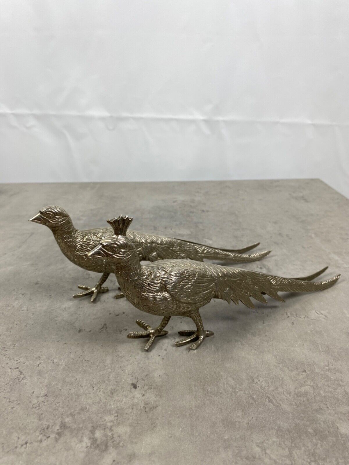 2 Silver Metal Pheasant Bird Ornaments Figure Statues Decor