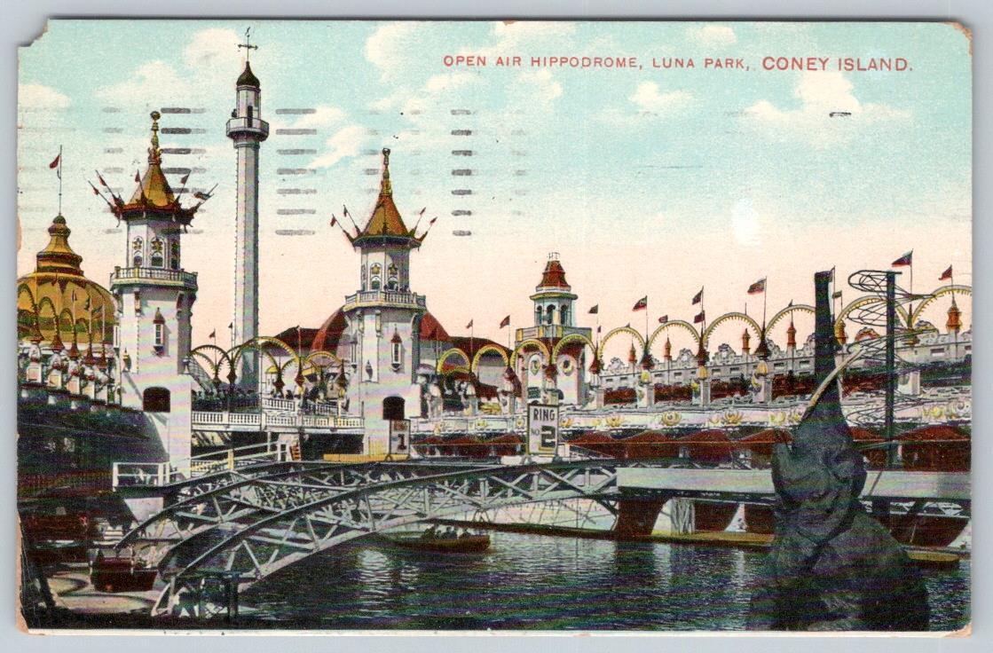 1908 OPEN AIR HIPPODROME LUNA PARK CONEY ISLAND AMUSEMANT PARK ANTIQUE POSTCARD