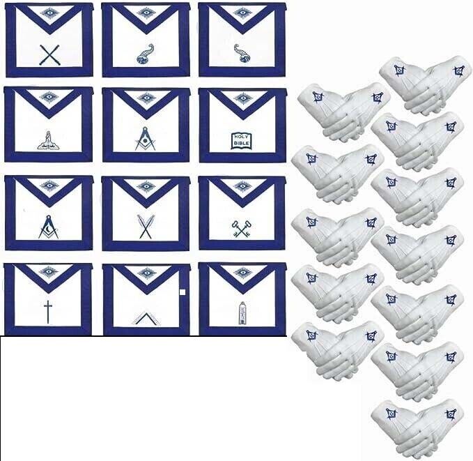 Masonic Blue Lodge Officer Aprons, Chain Collar with jewel,Glove Set Pack  of 12