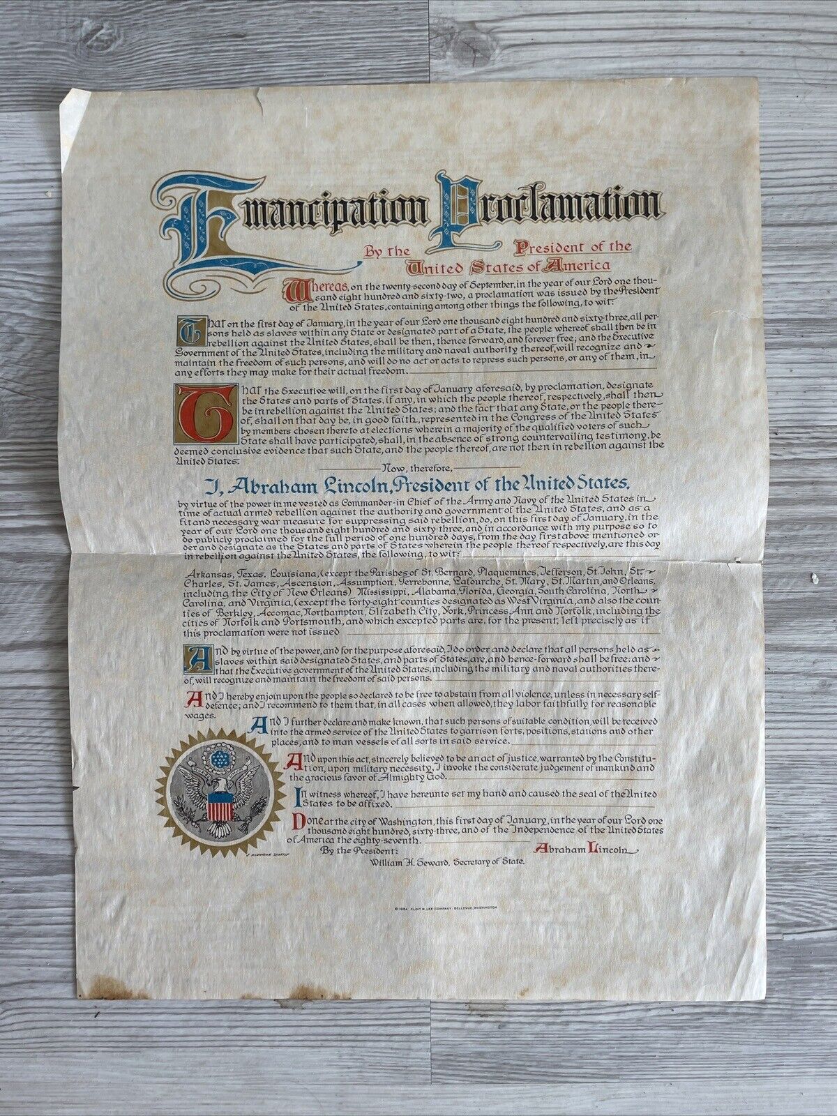 Abraham LINCOLN emancipation proclamation 1964 parchment bell vue