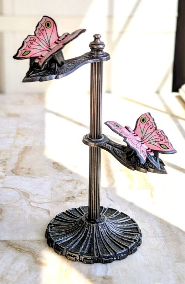 Vintage Allied Brass Butterfly Clip Note Holder Stand ~ Two (2) Pink Butterflies