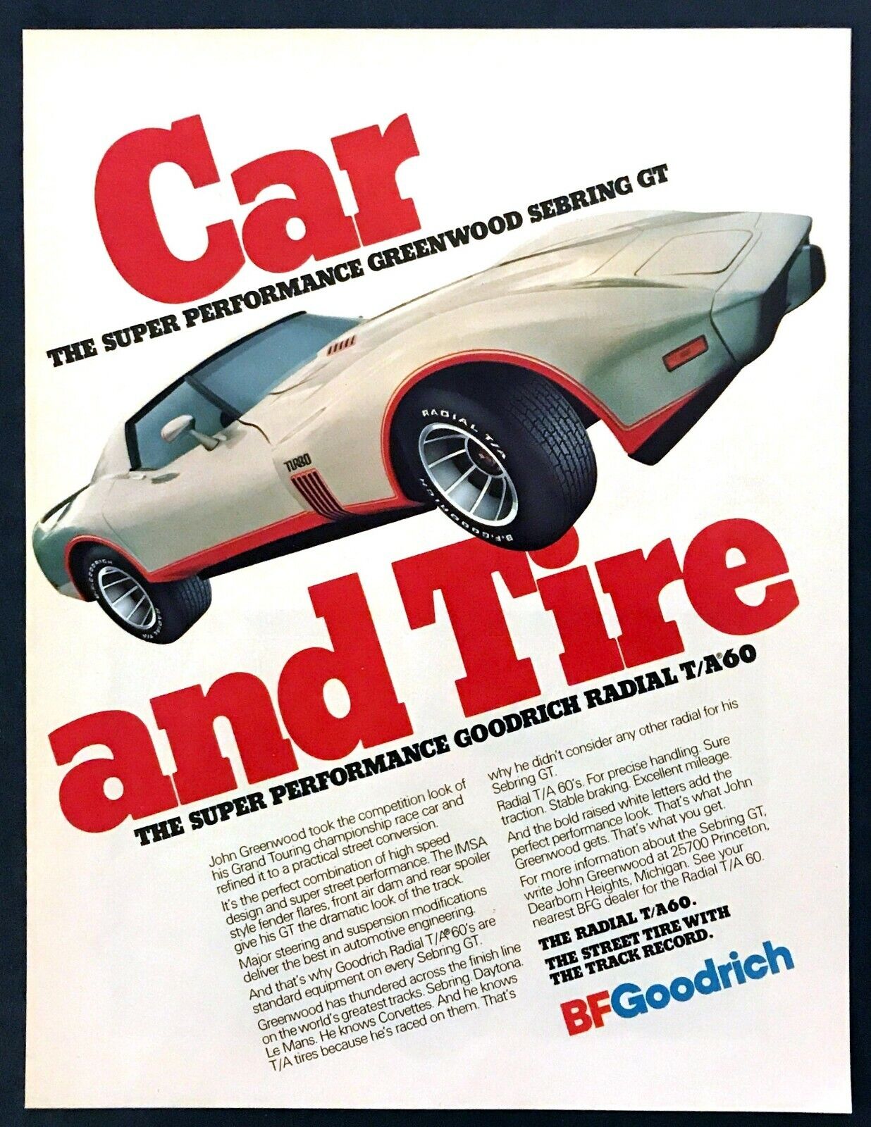 1977 Greenwood Corvette Turbo Sebring GT photo BF Goodrich Tires promo print ad