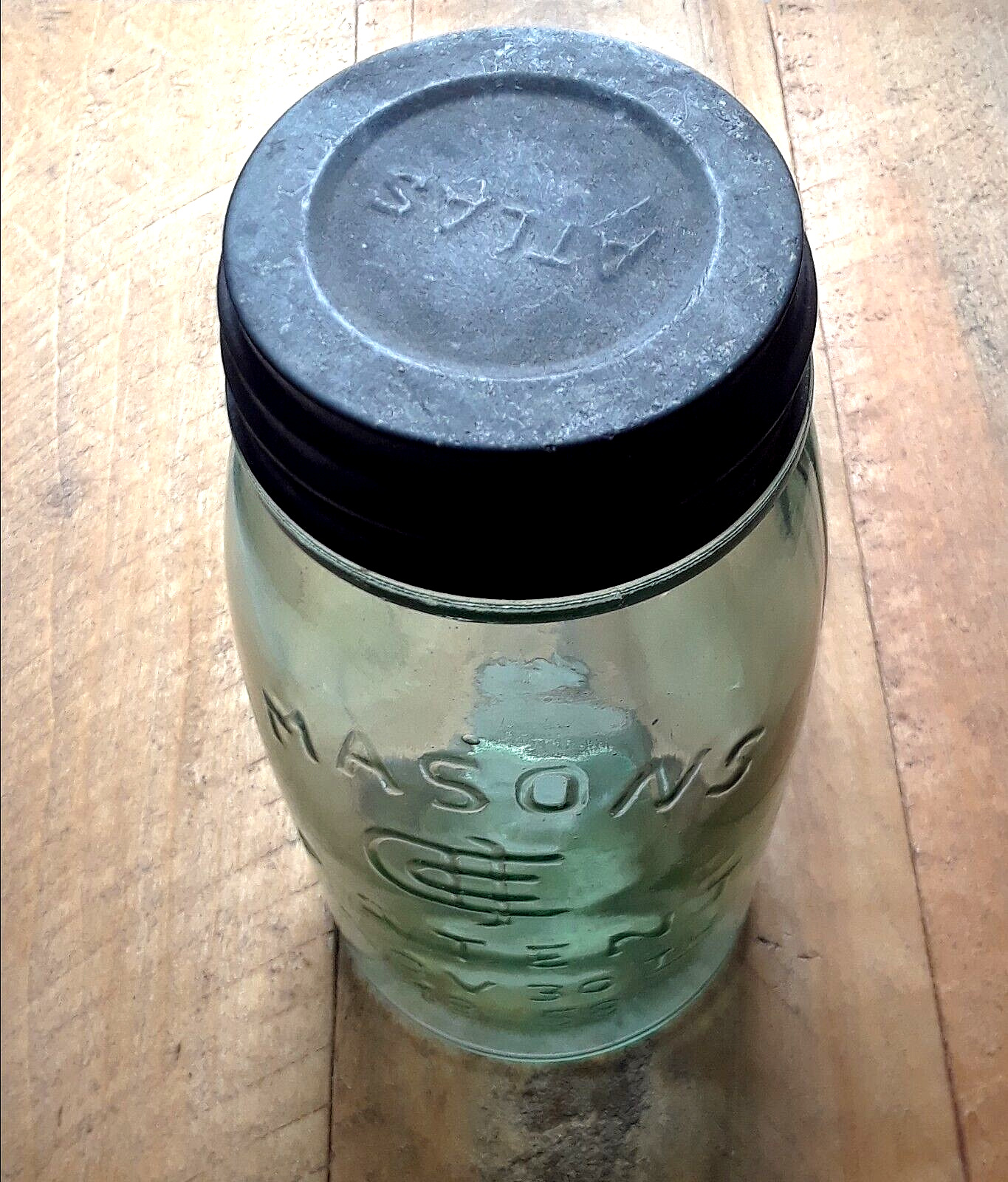 MASON\'S PATENT 1858 Quart Glass Jar ~ Antique Atlas Boyd Lid ~ Canning Fruit