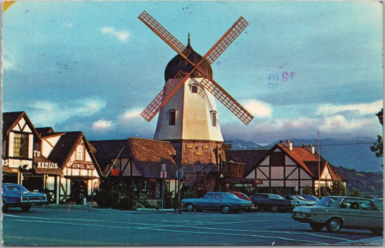 Vintage SOLVANG, California Postcard Windmill / Street View - 1982 CA Cancel