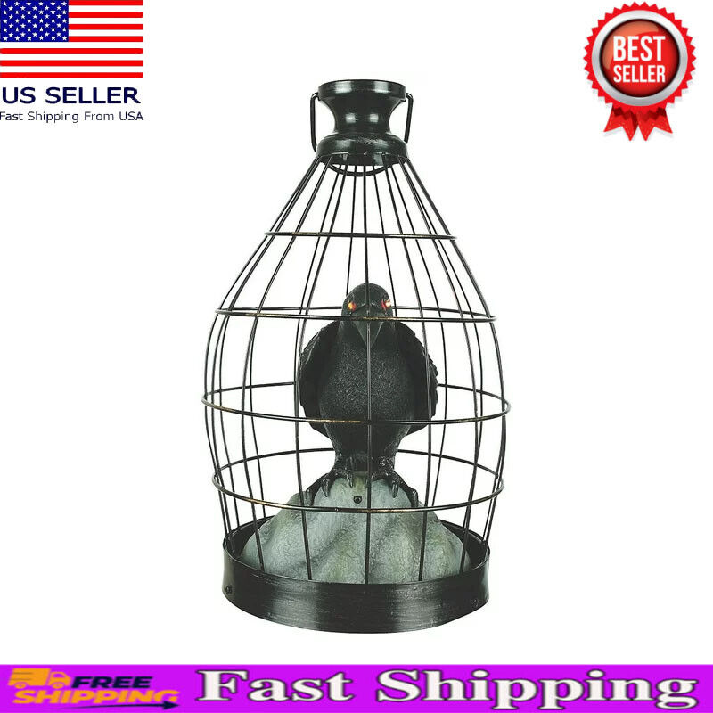 15 in Halloween Decoration Crow in Cage Light-Up Animated Sound Motion Activated