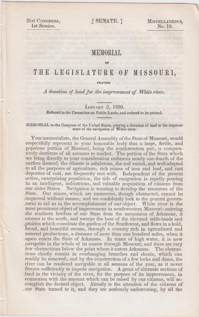 Memorial of Missouri Legislature 1850 Land Donation for White River Improvement