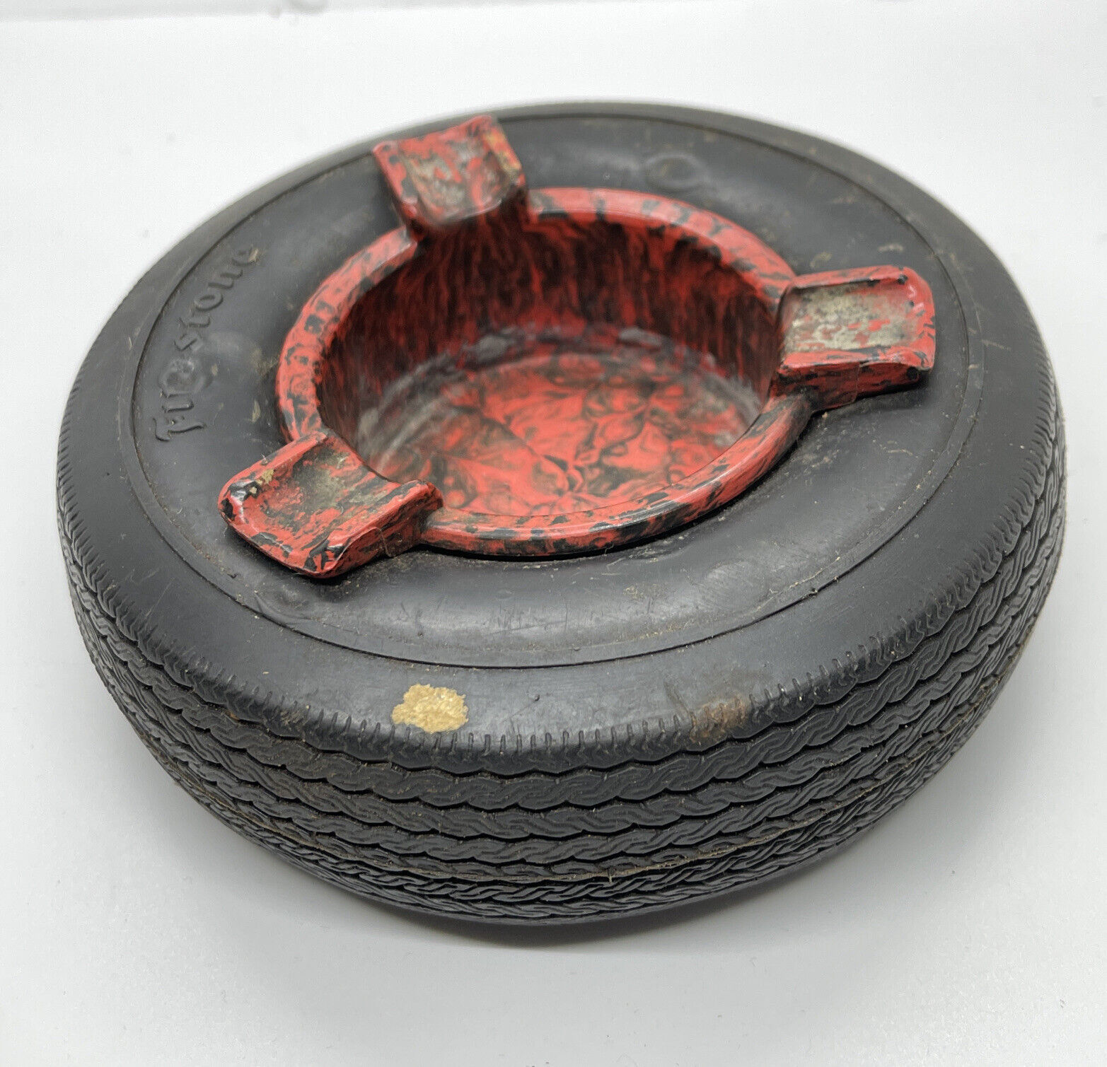 Firestone Tires Vintage Ashtray Black Rubber w/ Red Advertising USA Ash Tray