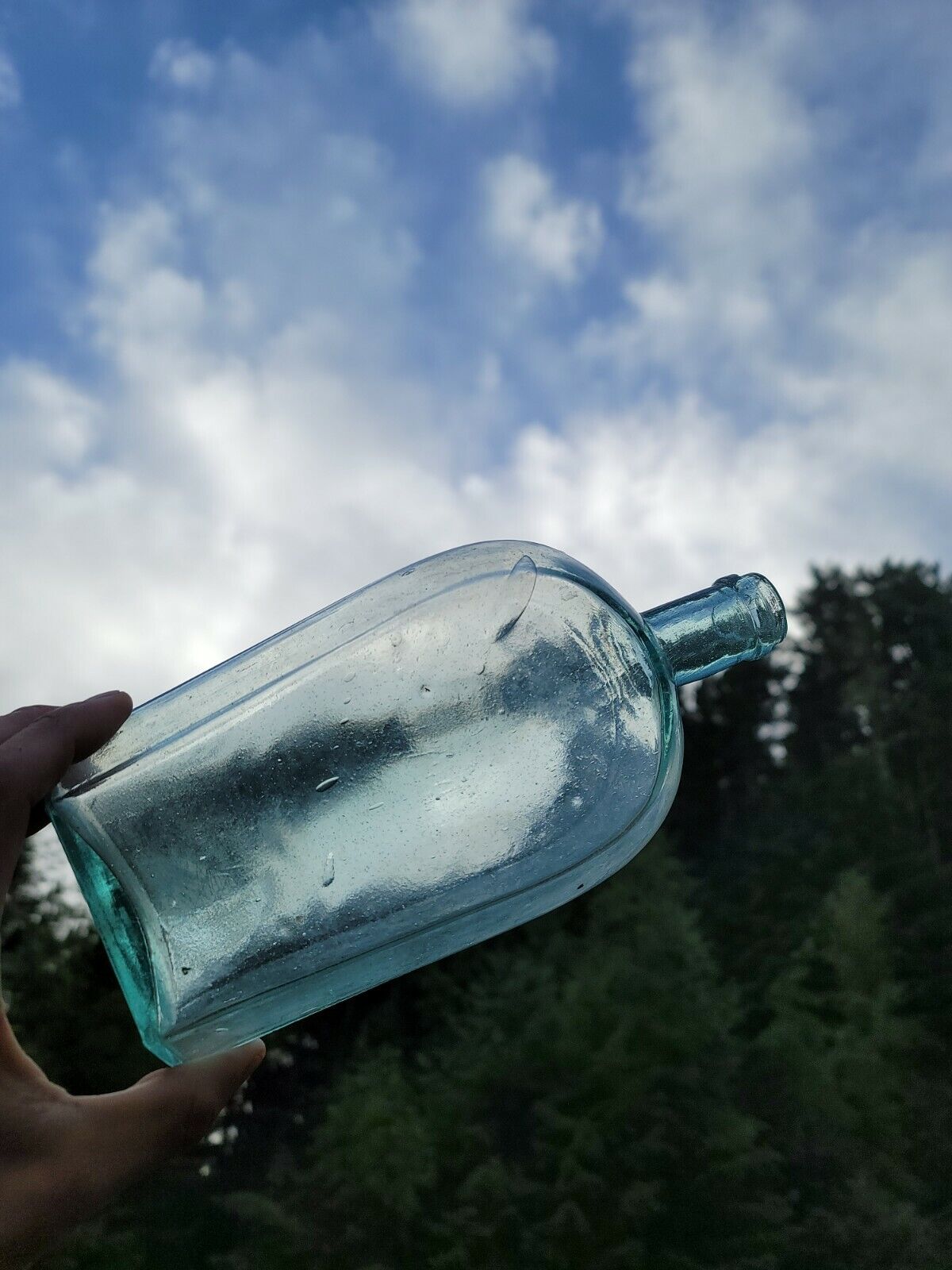 1880's Large Blue Aqua Coffin Whiskey Flask◇Nice Antique Whiskey Liquor Bottle