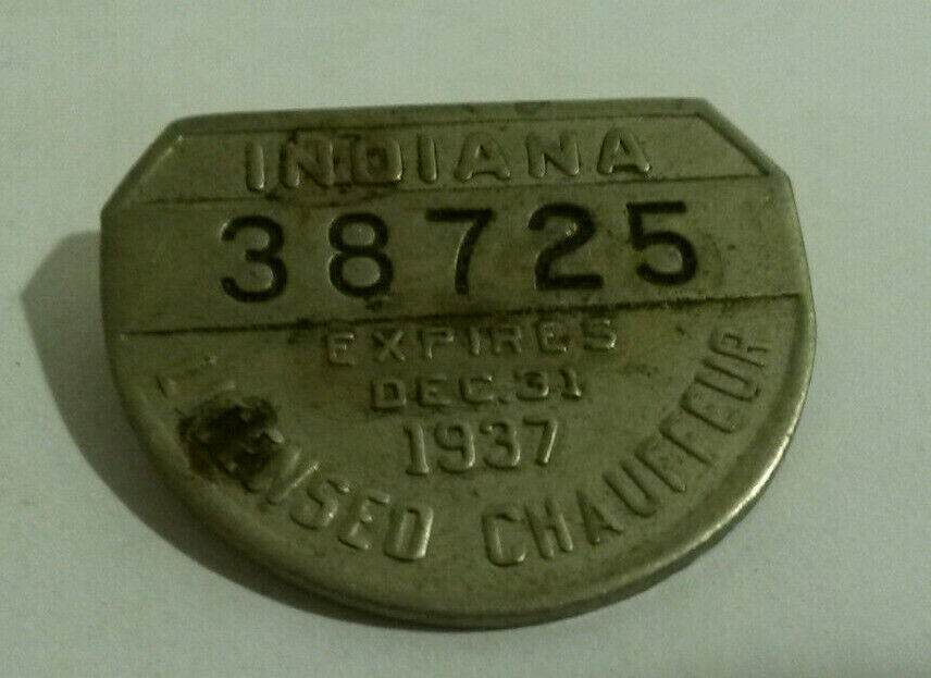 Indiana licensed chauffeur 1937 pin pinback vintage Depression metal badge car 