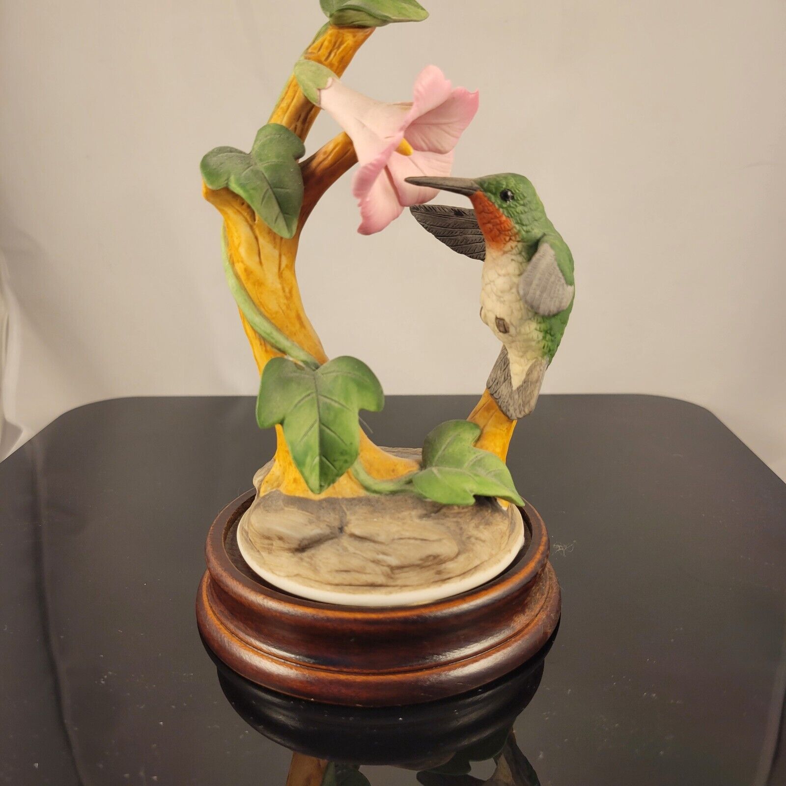 Ruby-Throated Hummingbird  On Hibiscus Figurine By Andrea By Sadek, W/wooden...