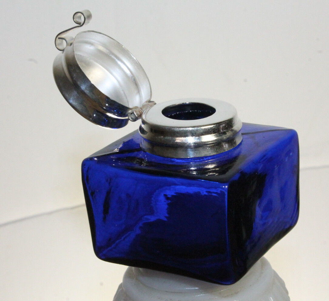 Vintage Antique Style Square Cobalt Blue Glass Inkwell Bottle ink
