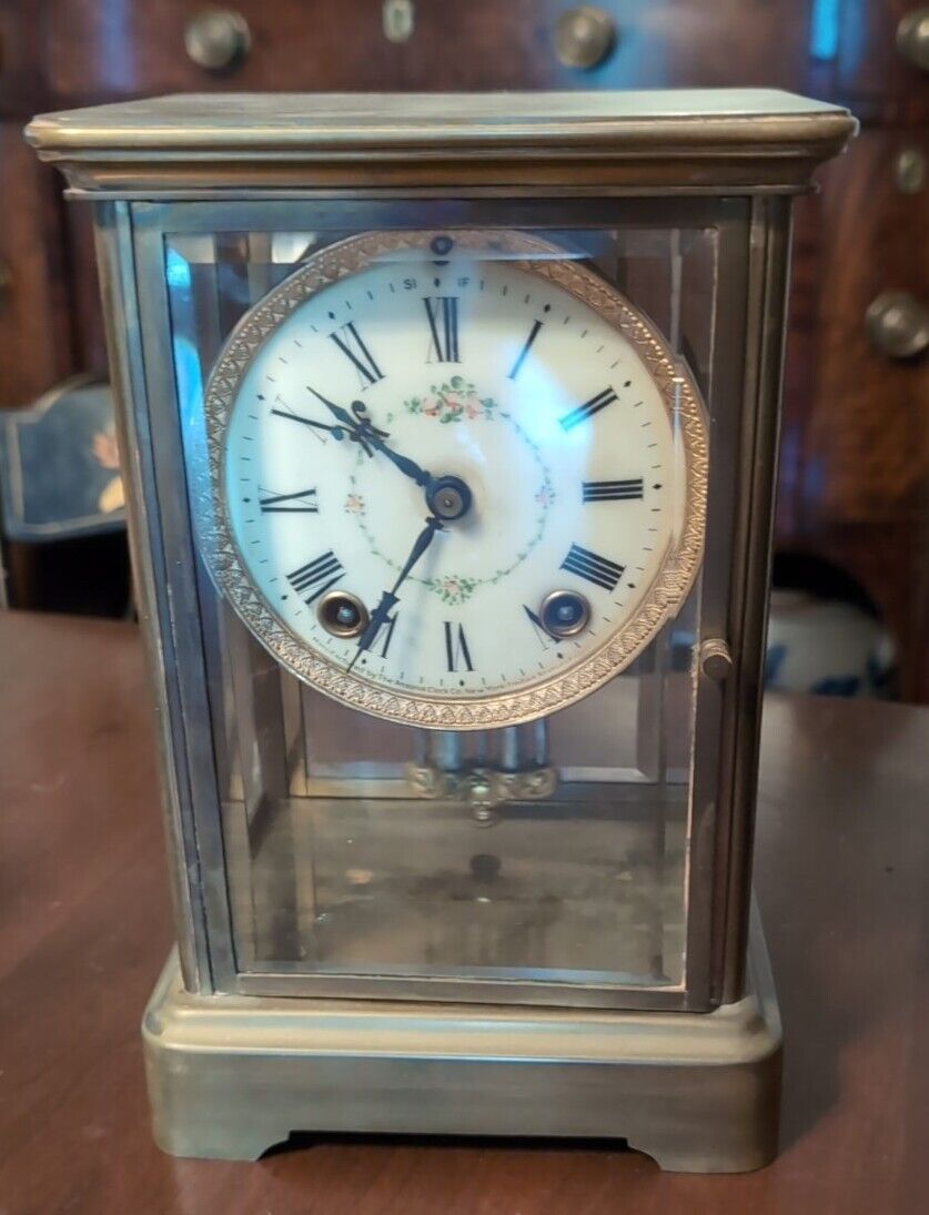 Ansonia Crystal Regulator Clock Antique American Brass & Glass Enamel Dial