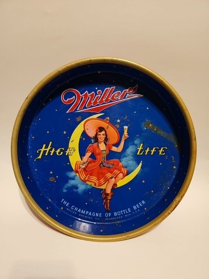 Miller High Life Vintage Beer Tray Tin Metal Girl Woman on Moon Milwaukee Wi 13\