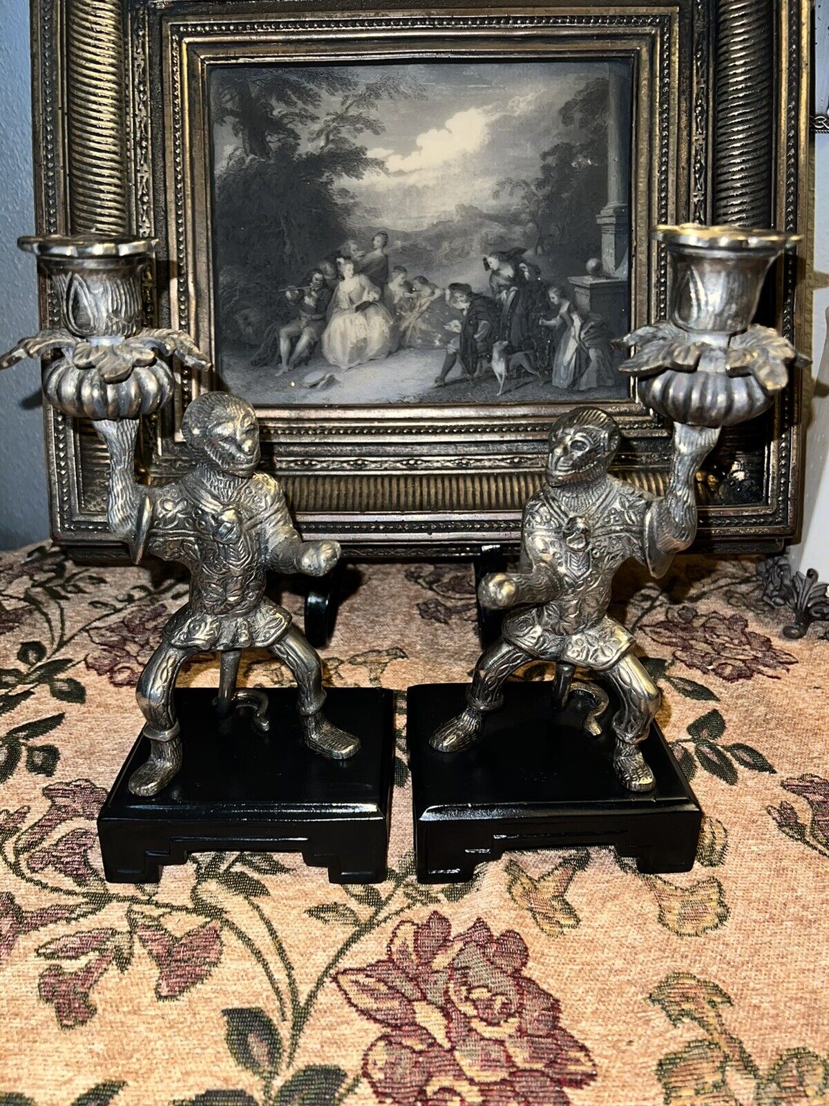 Vintage Castilian Import Silver Plated Candle Holders monkey heavy