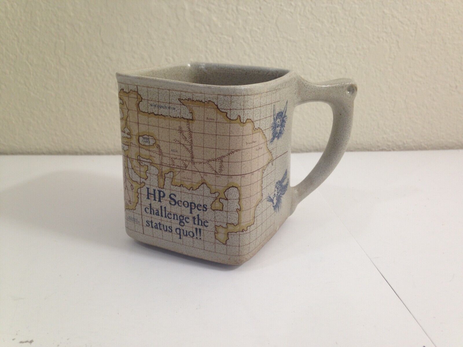 Vtg HP Hewlett Packard Scopes Coffee mug cup square globe advertising retro mcm