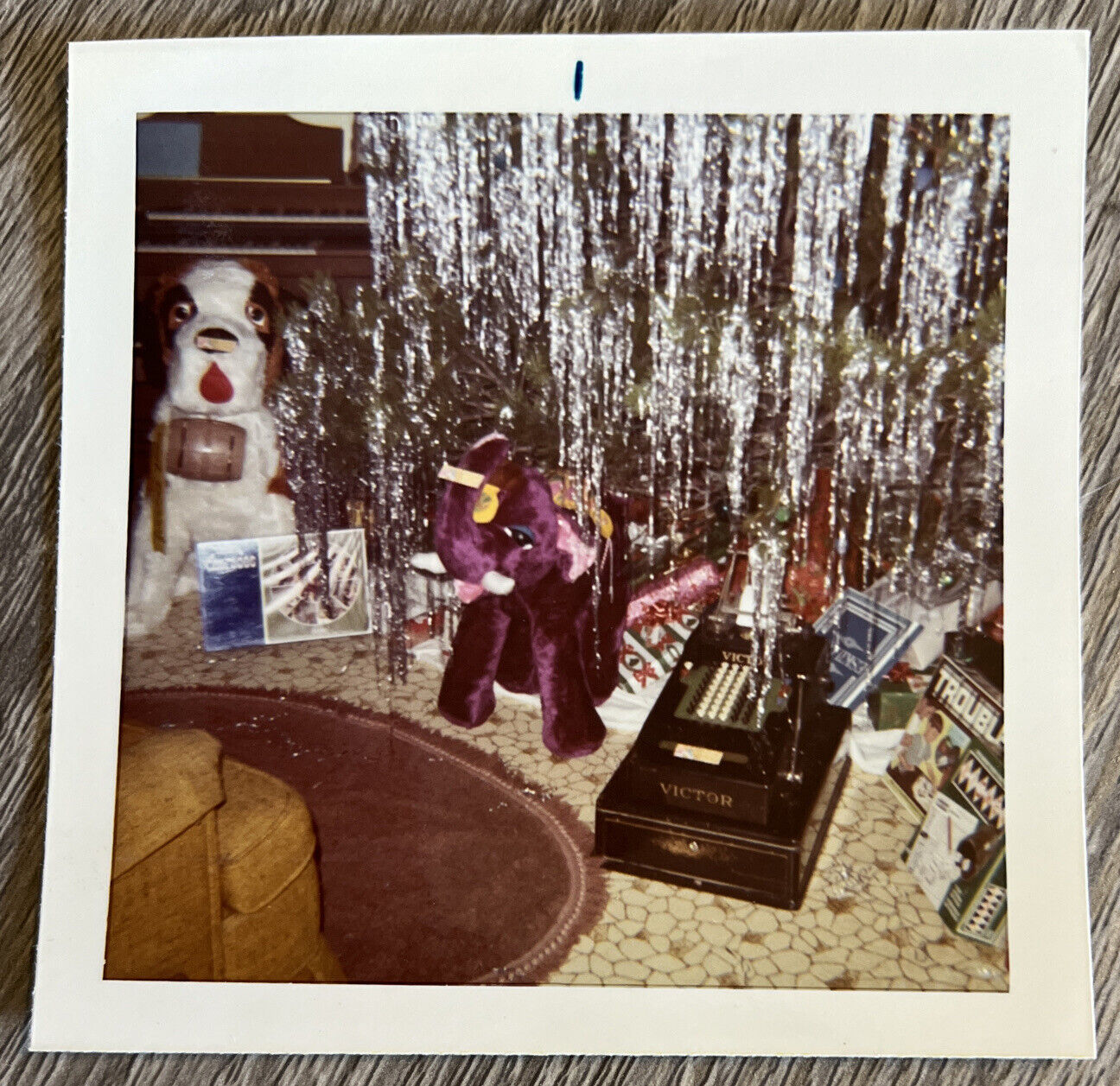 Vintage 1970s Found Photo Gifts Stuffed Animals Under Christmas Tinsel Tree Xmas