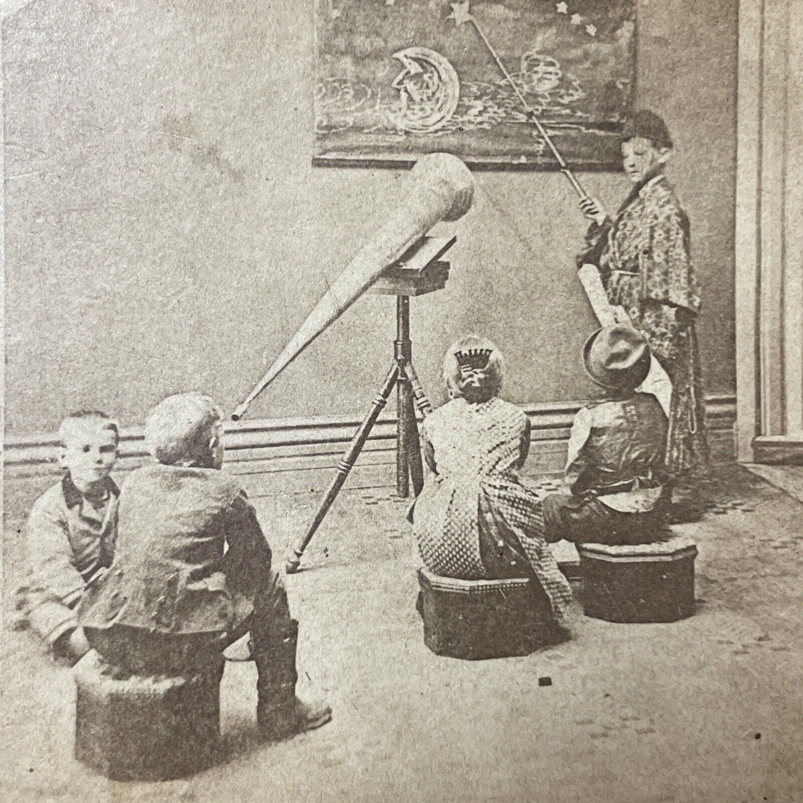 Antique 1870s Astronomy And Early Telescope Stereoview Photo Card Q2225