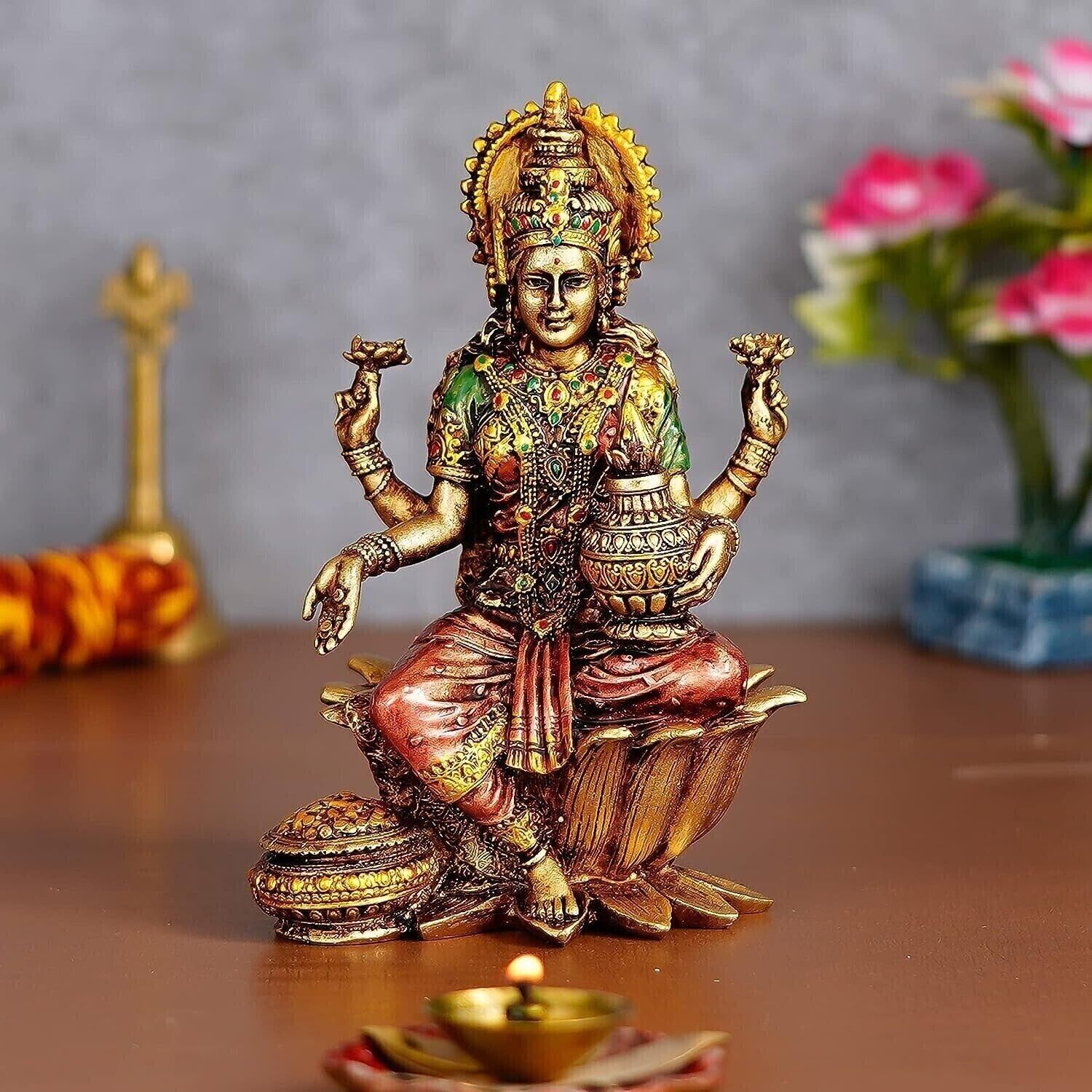 Maa Lakshmi Sitting on Lotus Hindu Goddess Devi Laxmi Figurine Statue 7 Inch