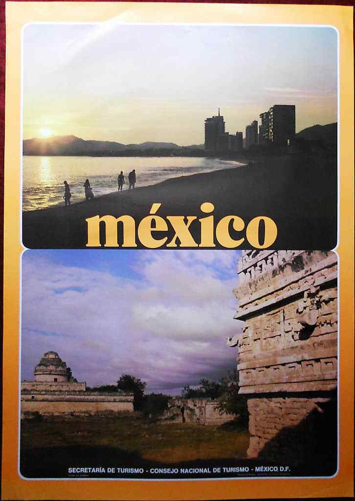 Original Poster Mexico Beach Sea Sunset Ruins Old Stone Buildings Precolumbian
