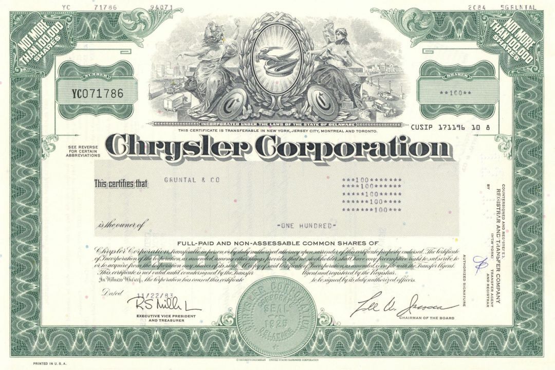 Chrysler Corporation - dated 1980's Automotive Stock Certificate - Now Stellanti