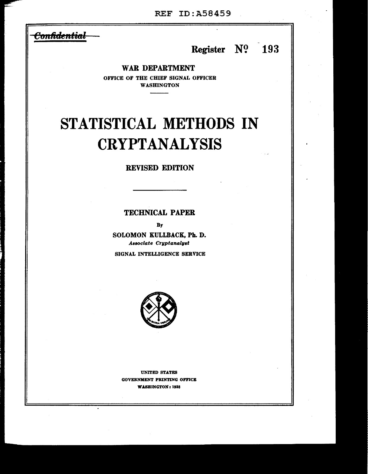 206 Page 1938 Statistical Methods In Cryptanalysis Revised Technical Paper on CD