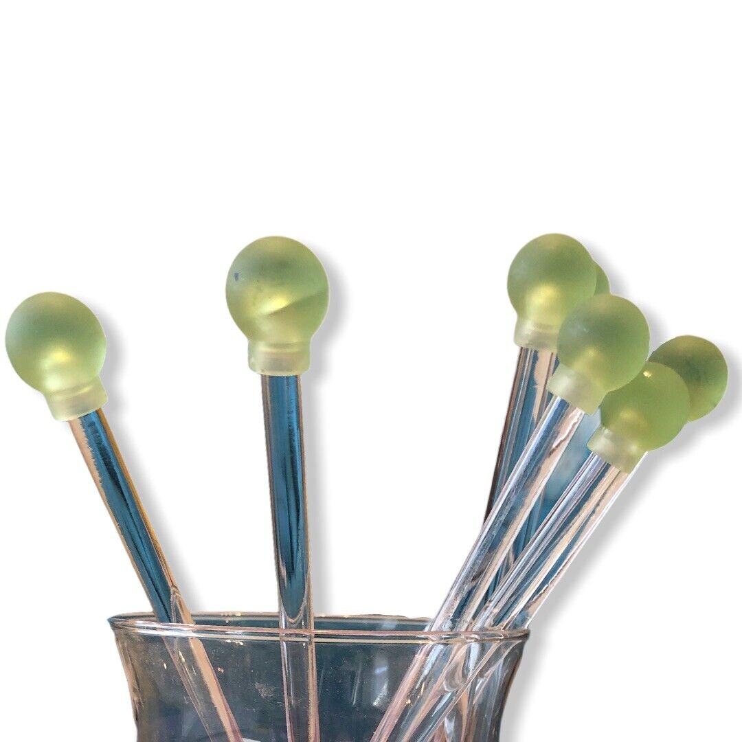 8Pc Lot Martini Swizzle Sticks Green Frosted Round Top Acrylic 7” Drink Stirrers