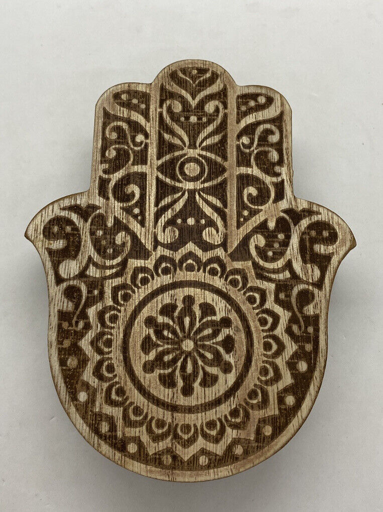 Positive Intentions Wooden Hamsa Hand Symbol Jewelry Trinket Box Velvet Lined