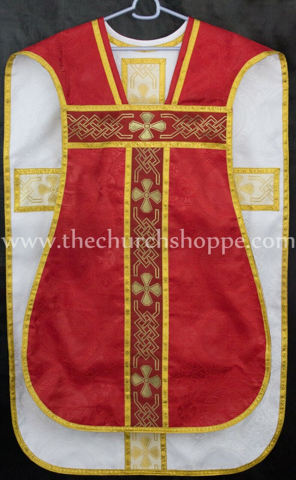 Red and White Reversible Travel  Fiddleback Vestment IHS with 5pc mass set