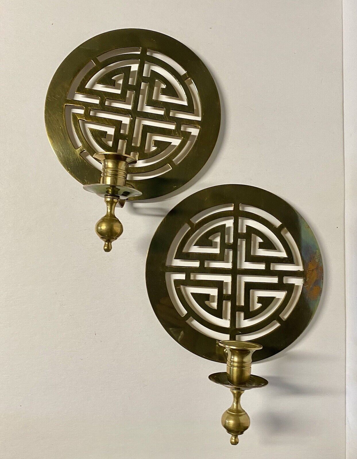 Set Of 2 Vintage Brass Sconces Asian Round Candle Holders For Wall Hanging 8.5”