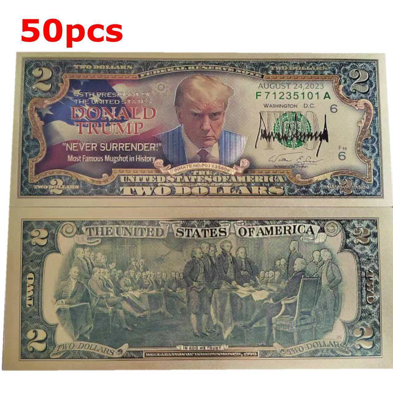 50pcs 2024 Donald Trump $2 Novelty Gold Foil Dollar Bill Trump Never Surrender