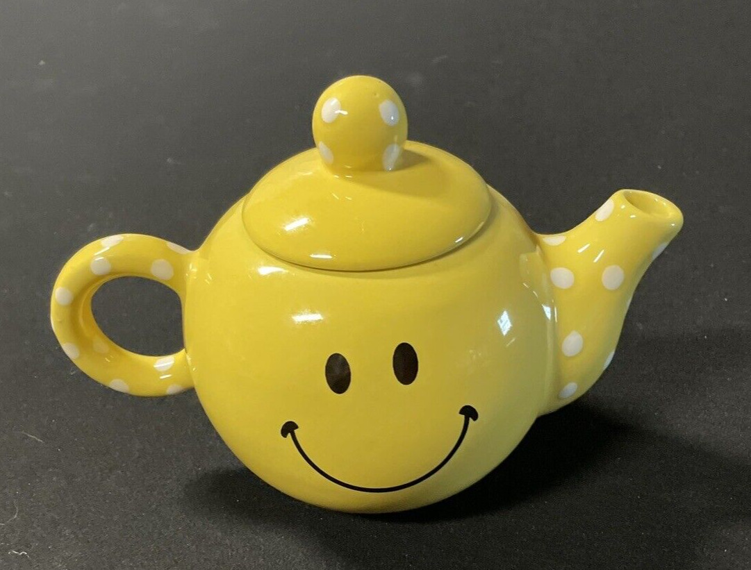 Vintage Smiley Face Yellow Polka Dots Teapot Betallic China