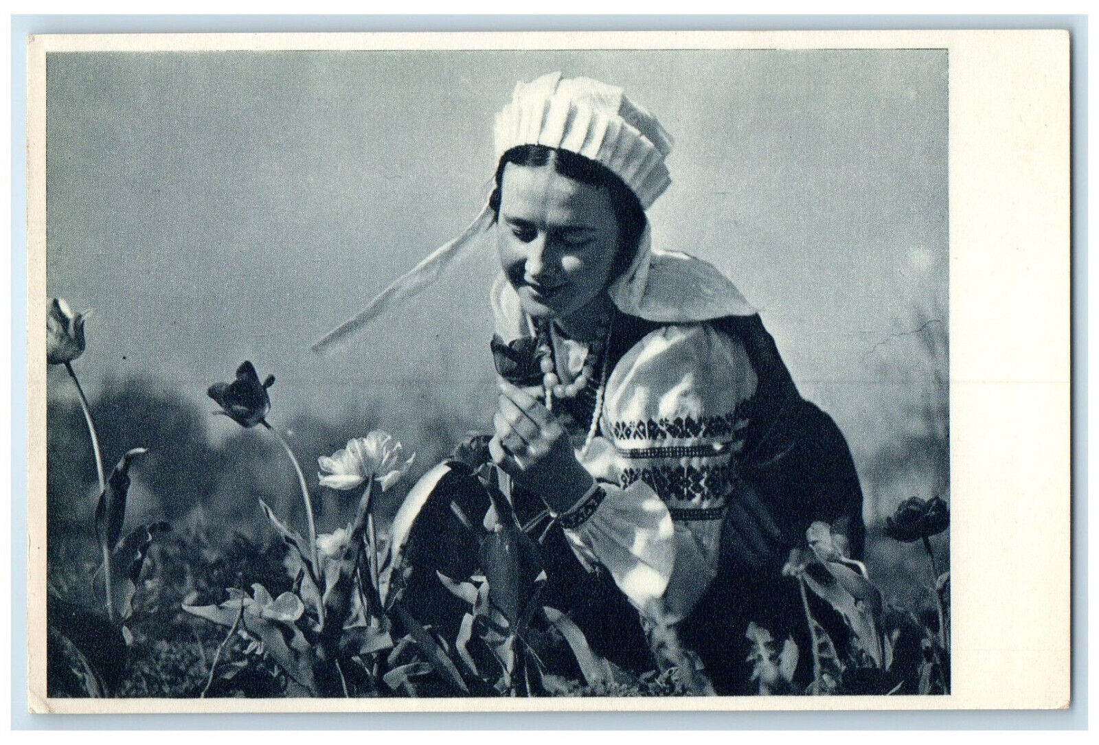 c1950\'s Woman In The Flower Garden Lithuania Vintage Unposted Postcard