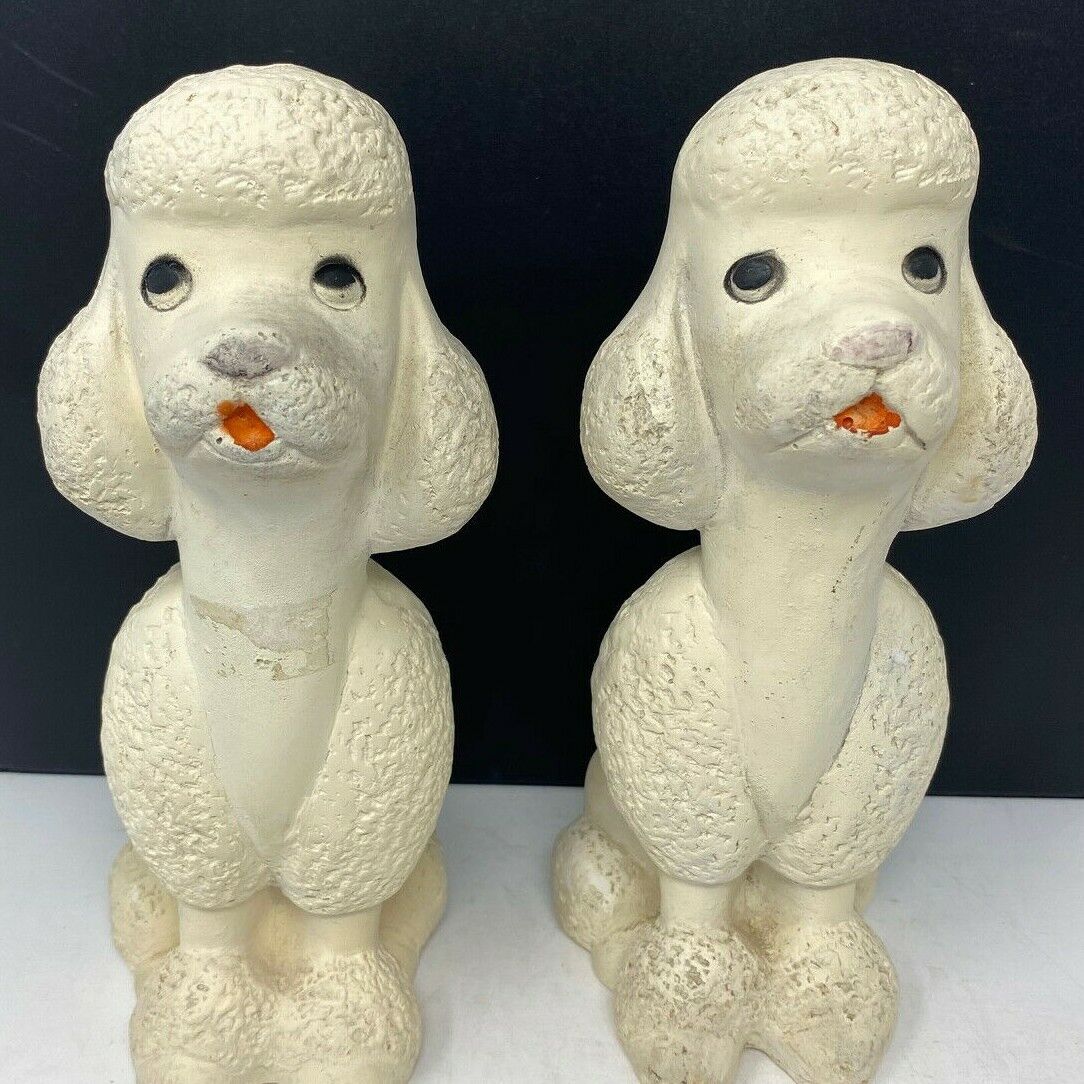 Vintage Pair (2) Of White Poodle Figurines Clay Statues Hand Made Painted