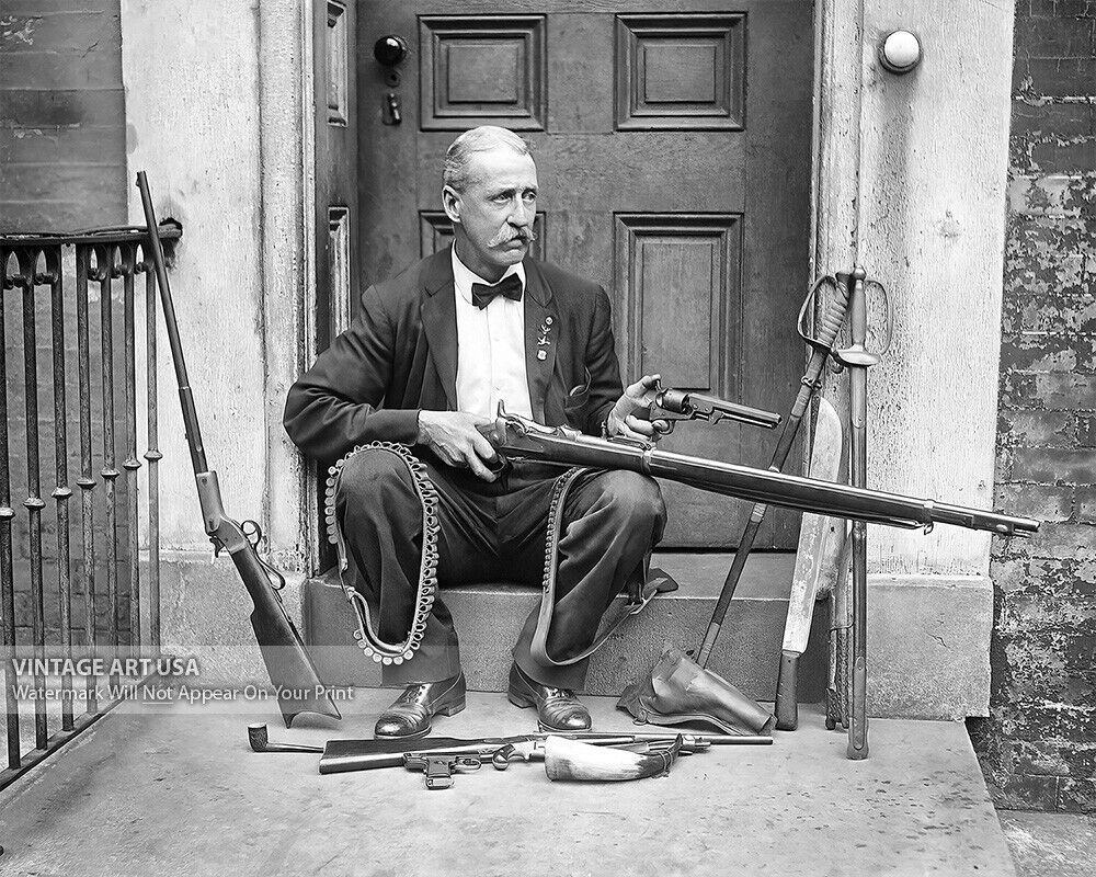 Vintage 1927 Gentleman Gunslinger Photo Print - Man Sitting with Guns Rifles