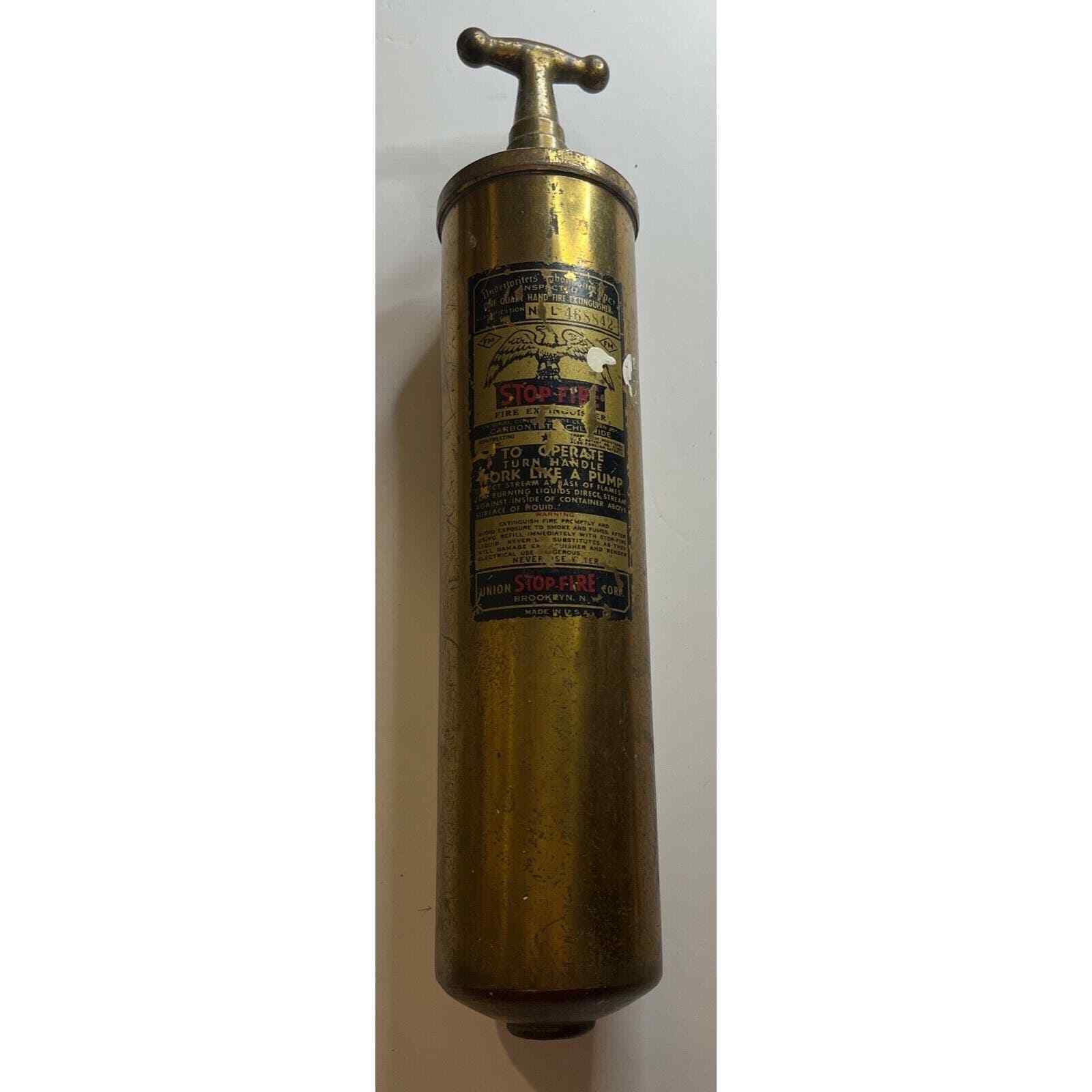 Vintage Union Stop-Fire Co. empty hand pump brass fire extinguisher