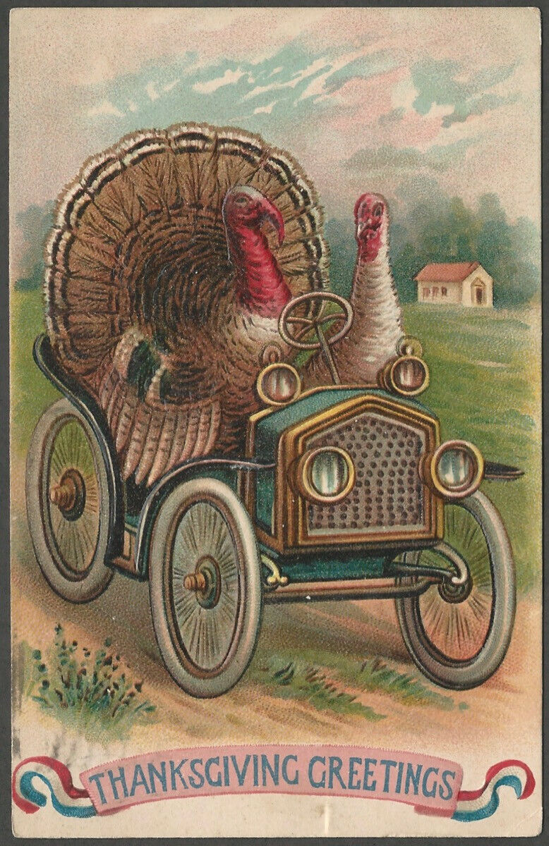 1908 Thanksgiving Turkeys Drive Car Automobile Holiday Embossed Postcard