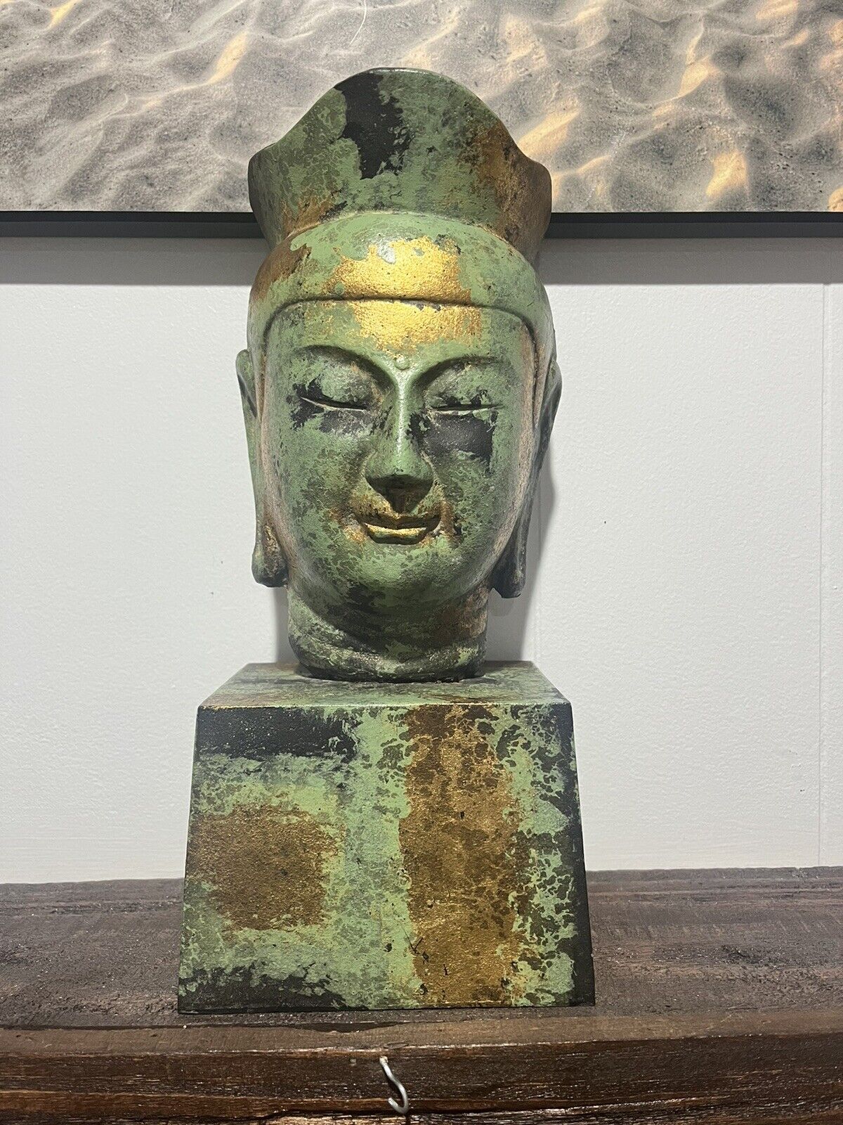 Buddha Head on Stand Cast Iron Metal Meditation Enlightenment Peace Sculpture