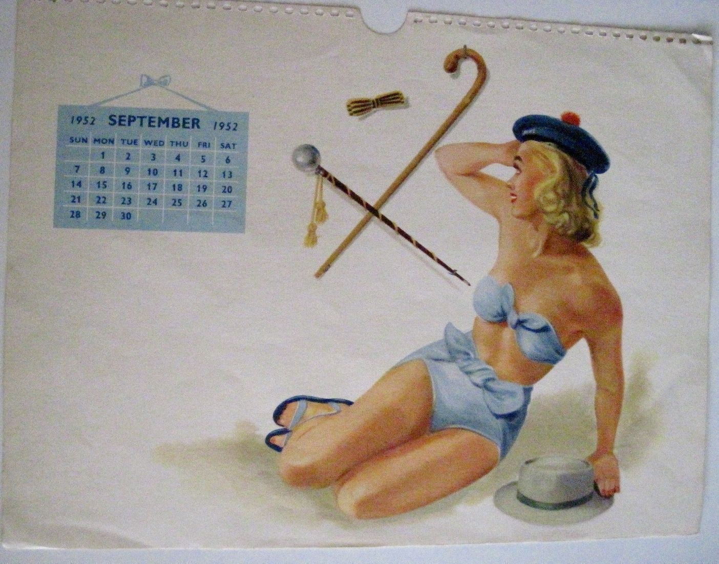 Pretty Vintage Pin-Up Page from Sept 1952 Calendar w/ Woman in Blue Two Piece *