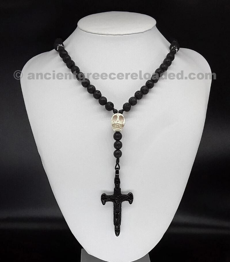 The Skull Cross Dark Lava Rosary, Stainless Steel black Skull Cross.