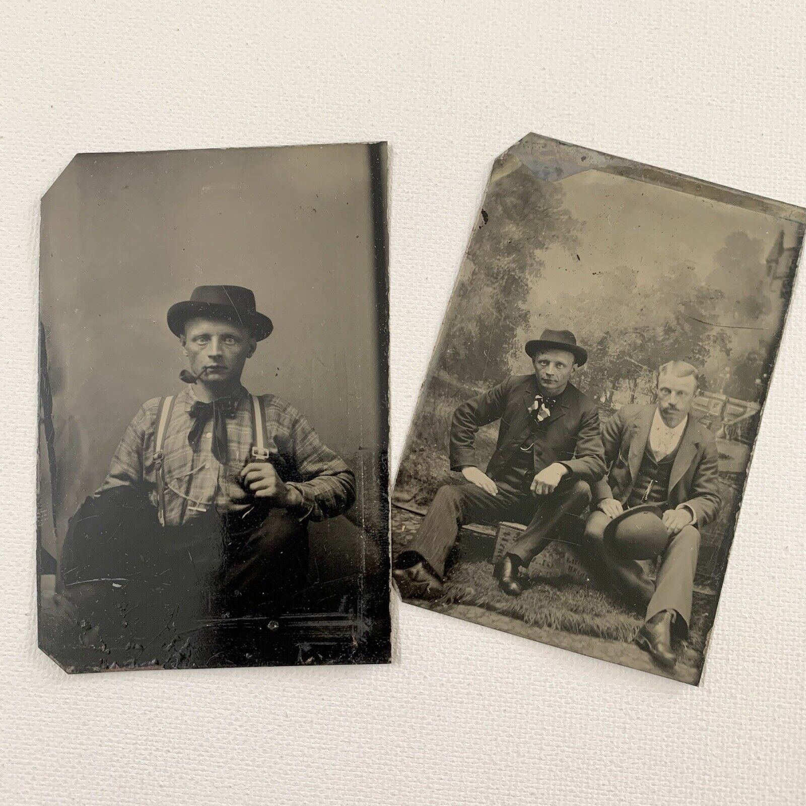 Antique Tintype Photograph Handsome Young Man Men Pipe Suspenders Hat