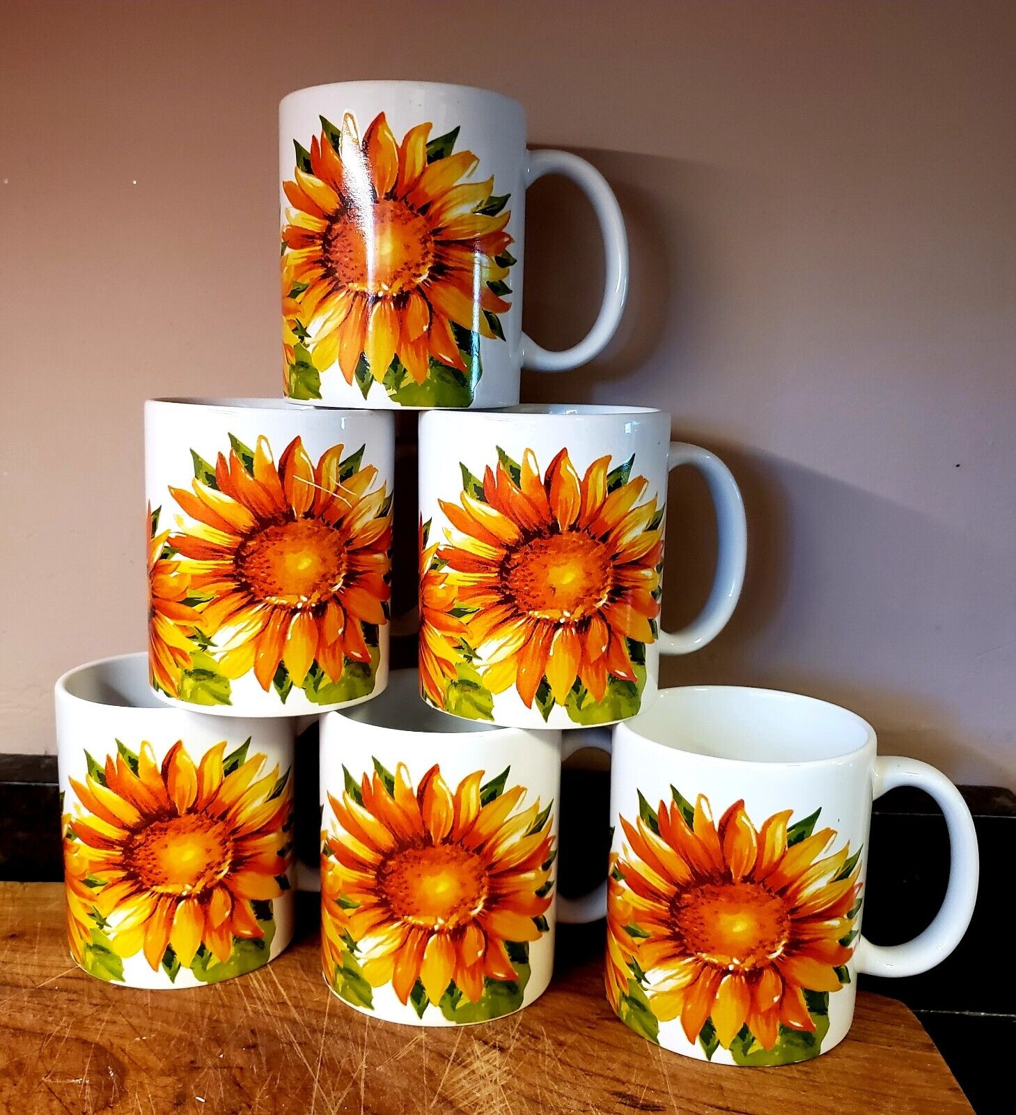 Vintage Royal Norfolk Greenbrier International Sunflower Coffee Mugs Set Of 6🌻.